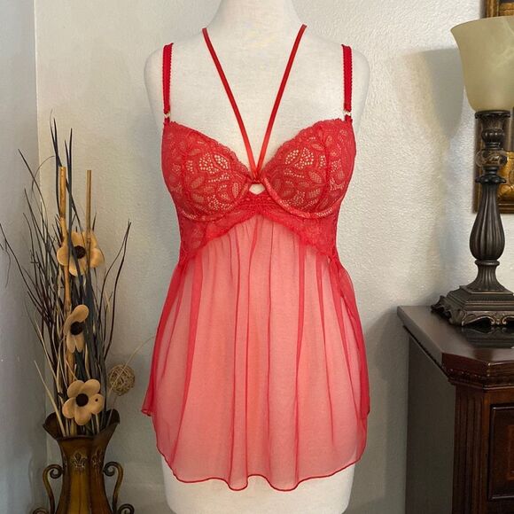 Victoria’s Secret Sheer Red Lace Push Up Baby Doll Slip Size 36C - Picture 1 of 12